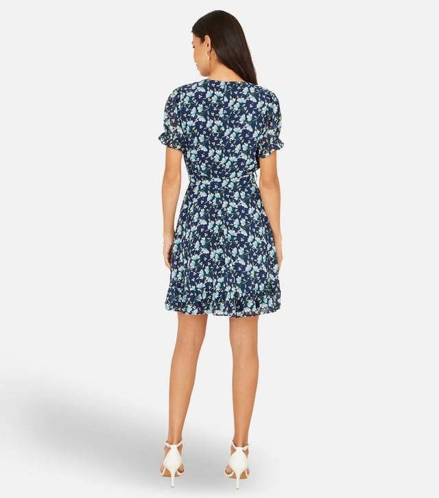 Yumi Women's Navy Floral Print Skater Wrap Mini Dress Yumi New Look - 3