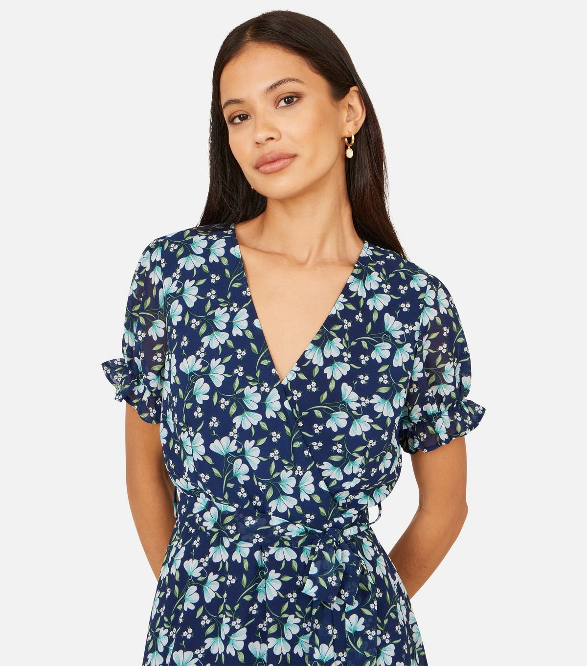 Yumi Women's Navy Floral Print Skater Wrap Mini Dress Yumi New Look - 4