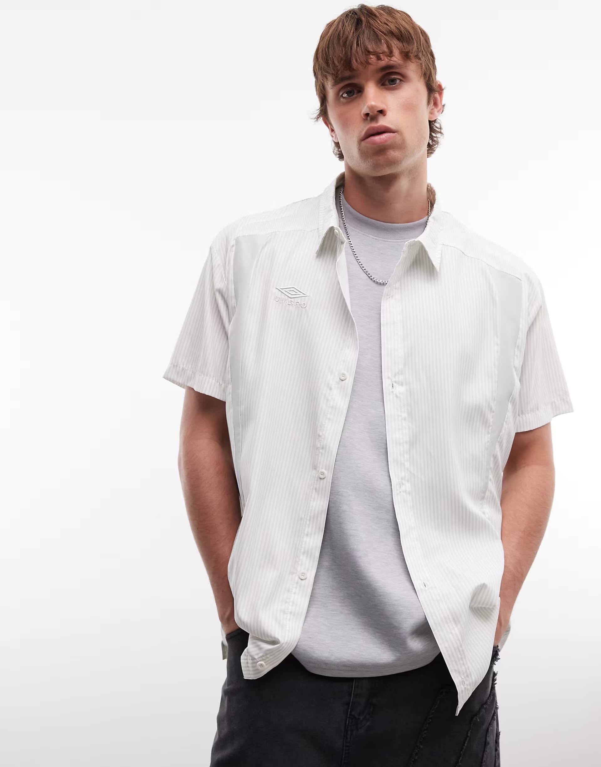 ASOS Umbro short sleeve boxy shirt in white stripe