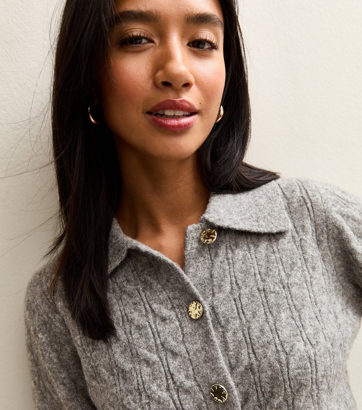 New Look Women's Petite Mid Grey Collared Cable Knit Cardigan New Look - 1