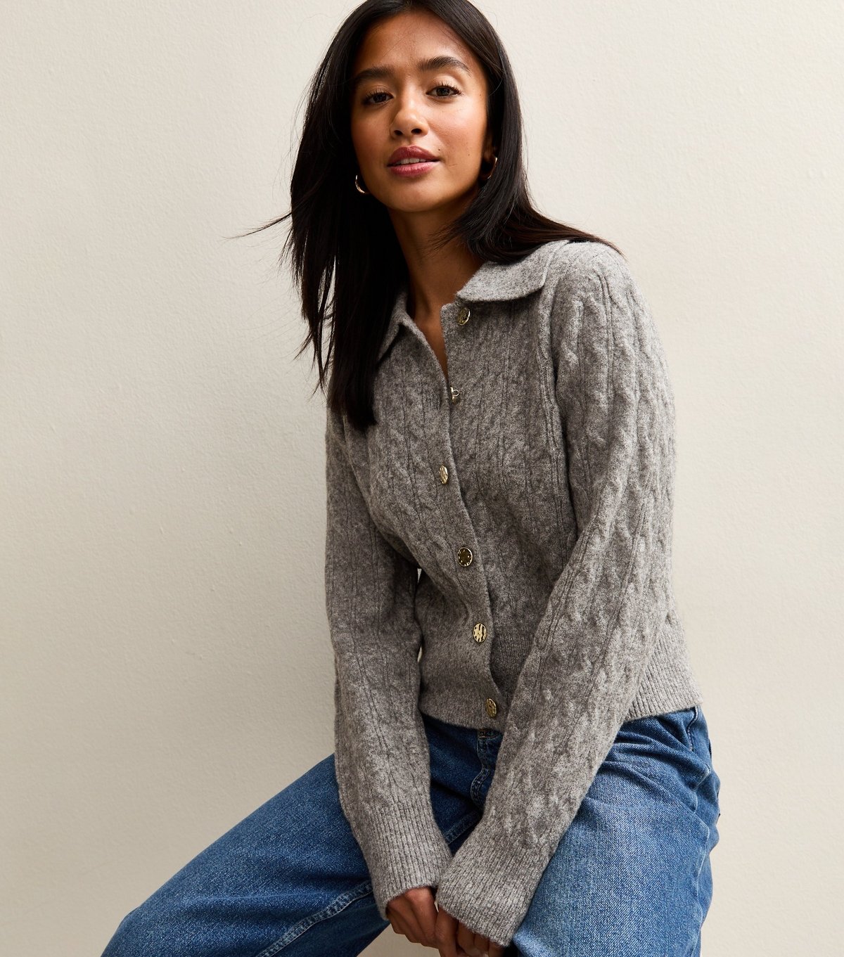 New Look Women's Petite Mid Grey Collared Cable Knit Cardigan New Look - 2