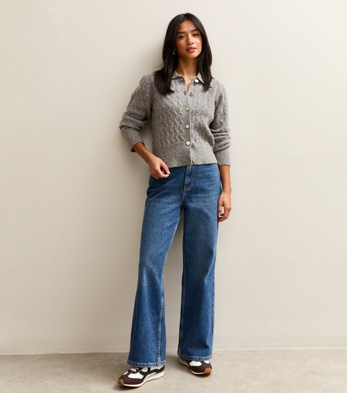 New Look Women's Petite Mid Grey Collared Cable Knit Cardigan New Look - 3