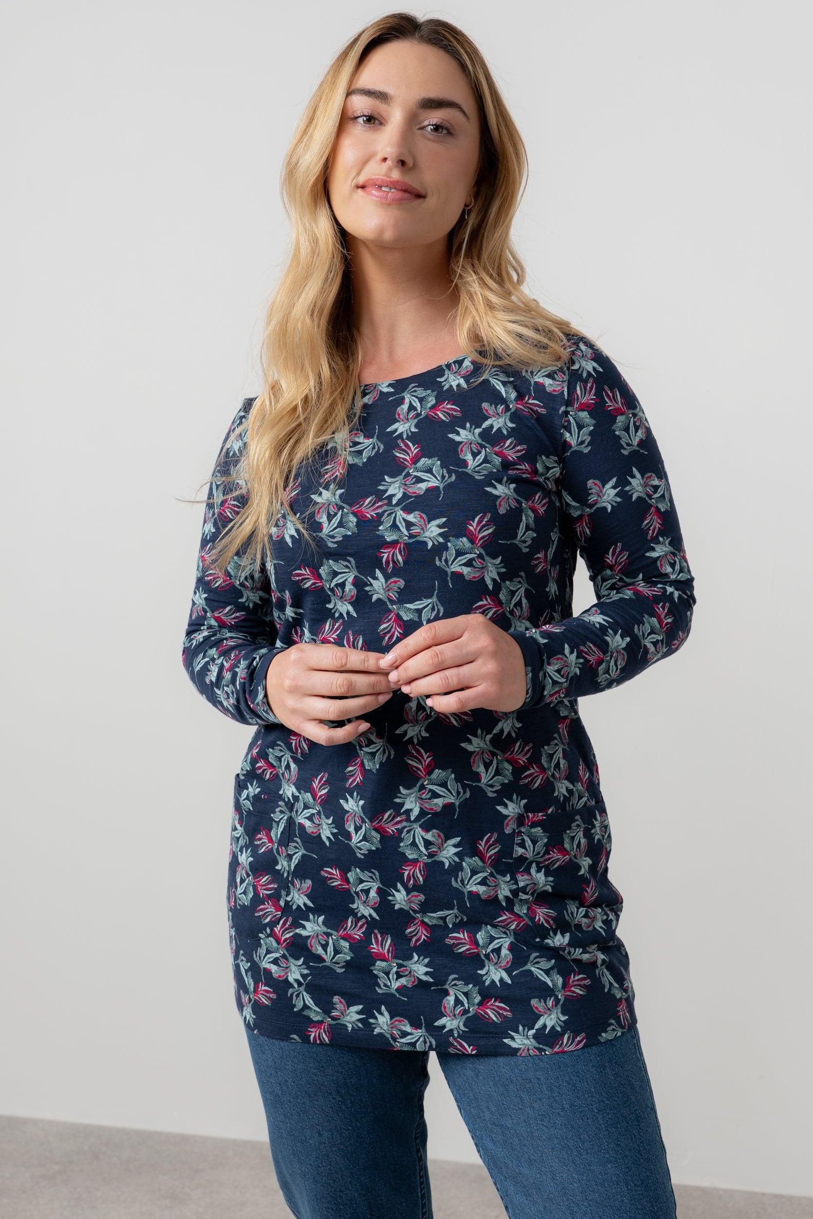 Lily & Me Lily & Me Women's High Tea Soft Stretch Cotton Jersey Tunic with Full length sleeves in Navy - 1