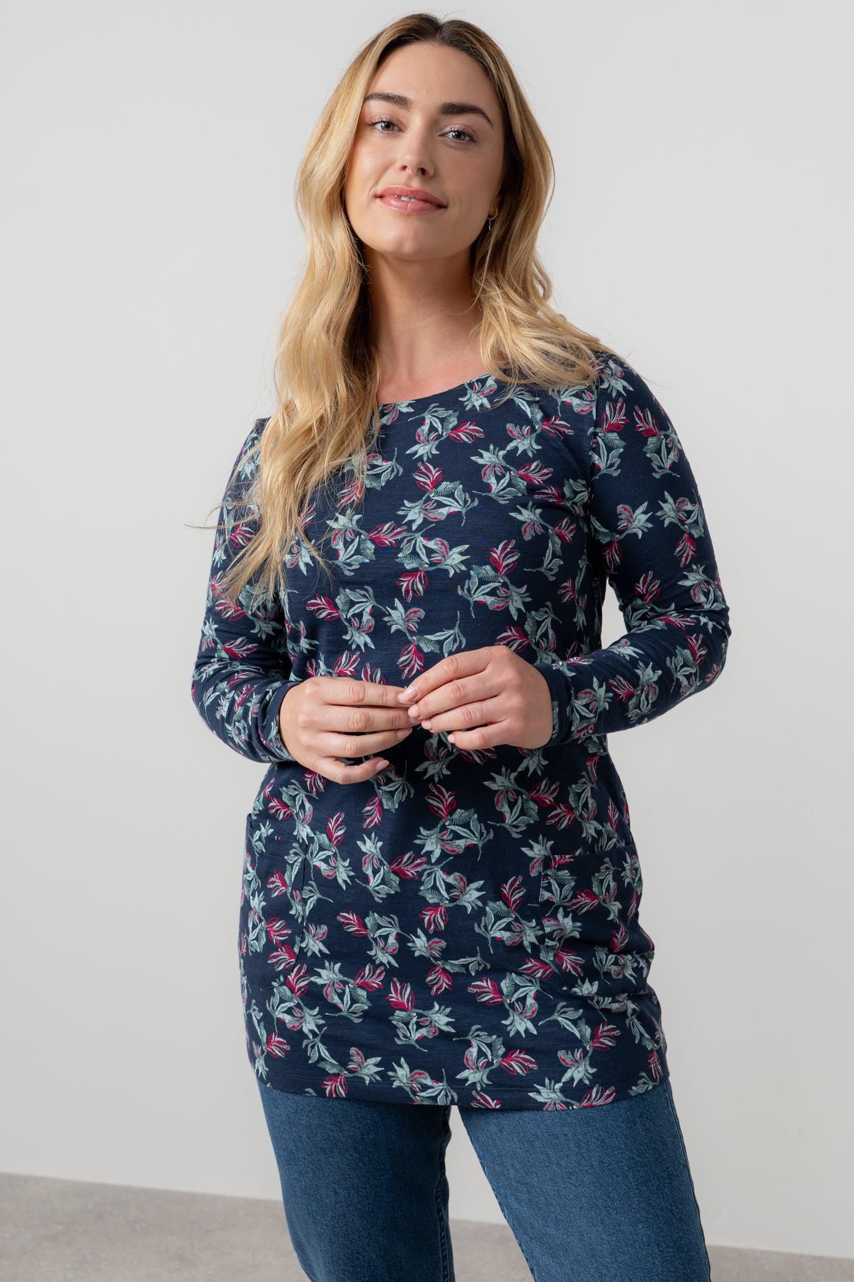 Lily & Me Lily & Me Women's High Tea Soft Stretch Cotton Jersey Tunic with Full length sleeves in Navy