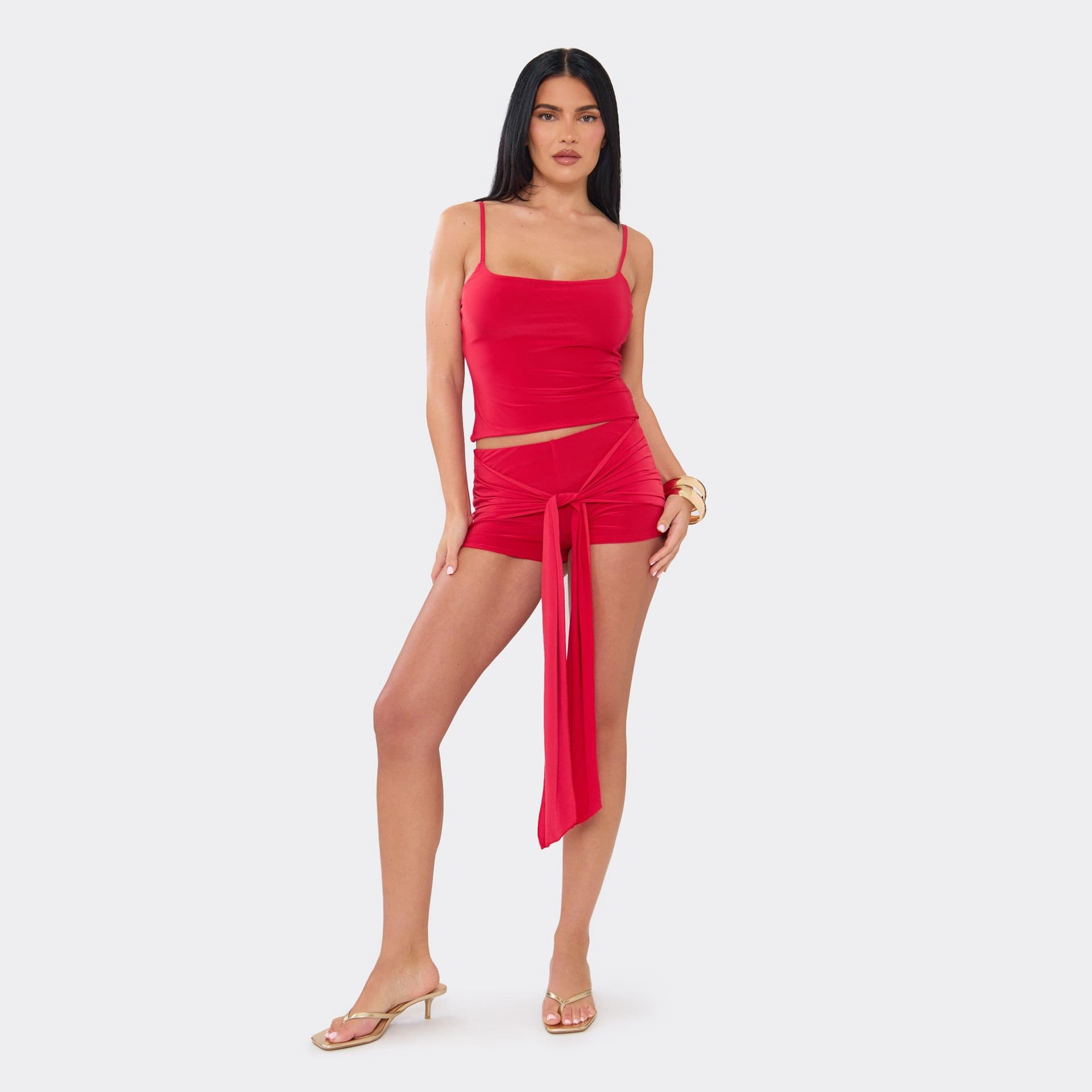 EGO Low Waist Tie Drape Mini Shorts In Red Slinky., Women's Size UK 6