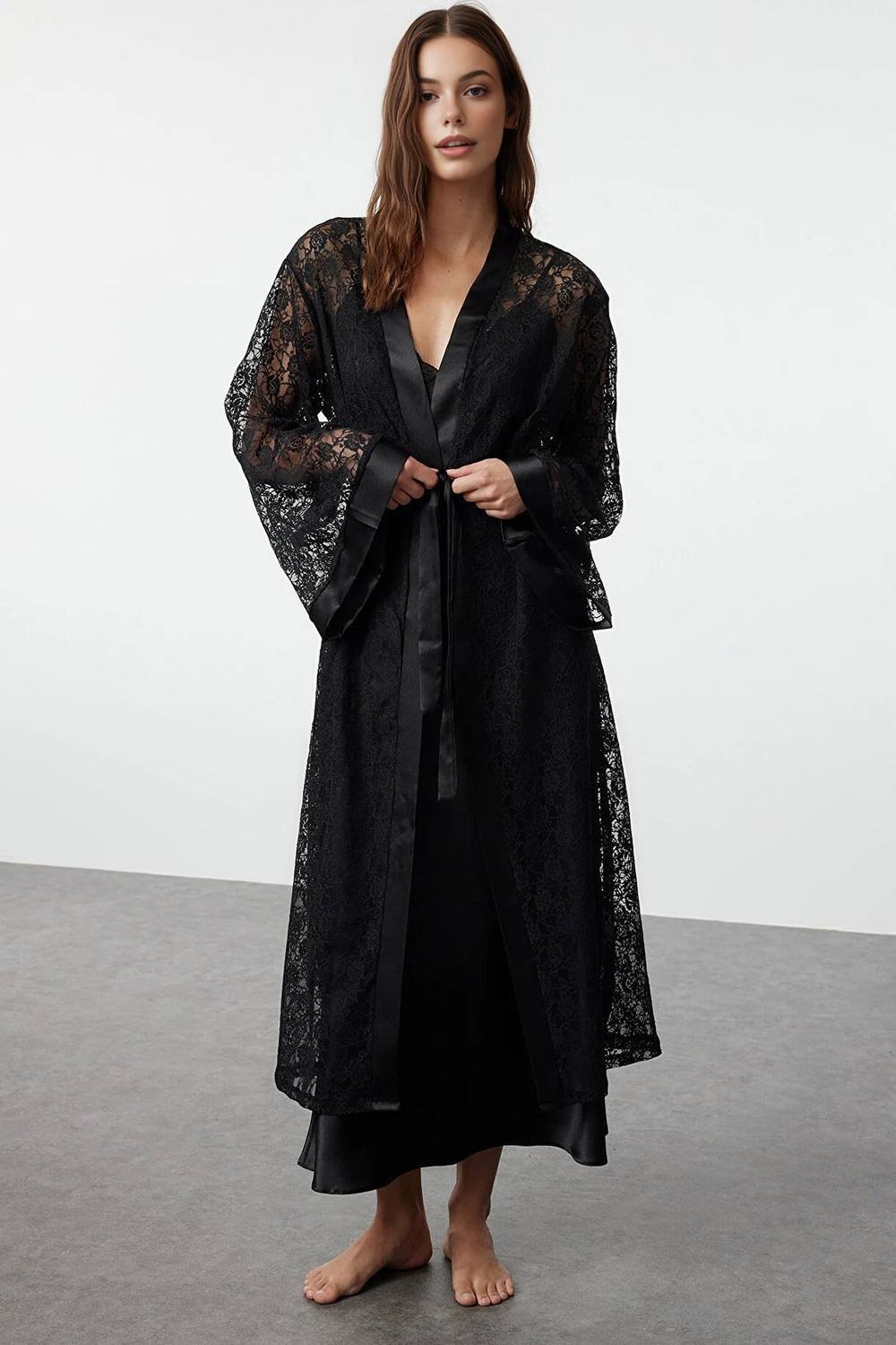 WOVCOR WOVCOR Women's Women's Lace Dressing Gown with Satin Trim & Belt in Black - 2