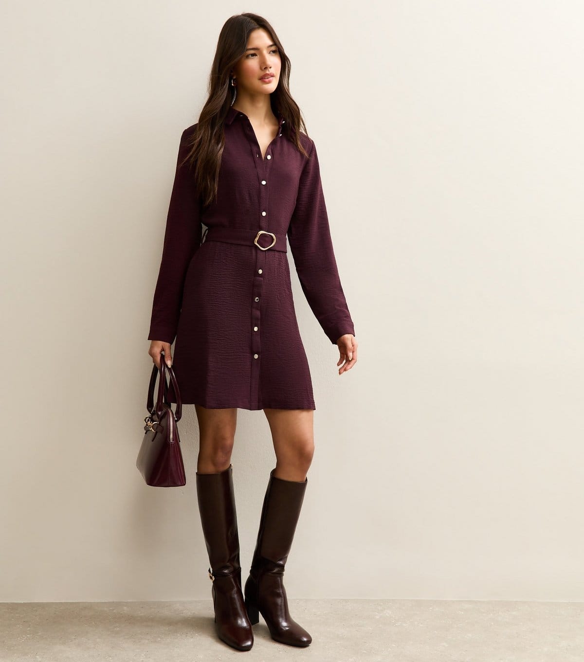 New Look Burgundy Woven Belted Mini Shirt Dress