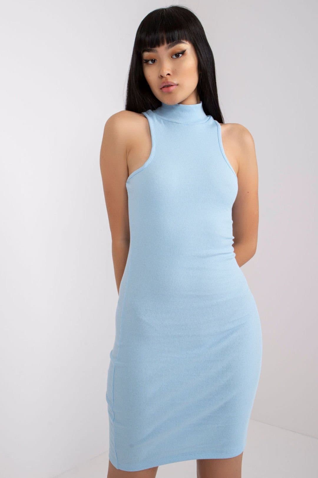 Love Lace Love Lace Women's Ribbed Sleeveless Turtleneck Knit Pencil Dress in Light Blue