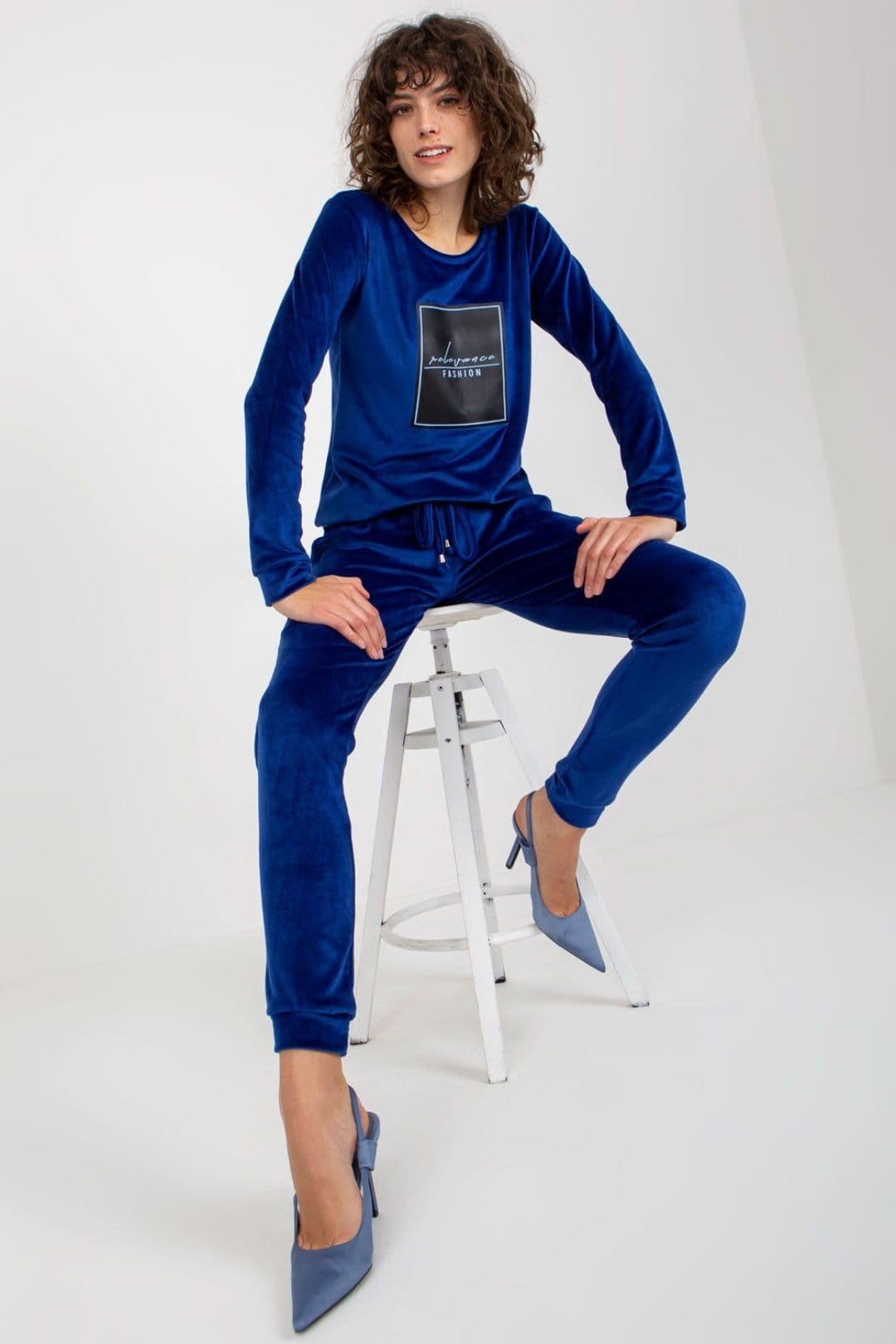 Love Lace Blue Velour Tracksuit Set with Tied Waist Pants