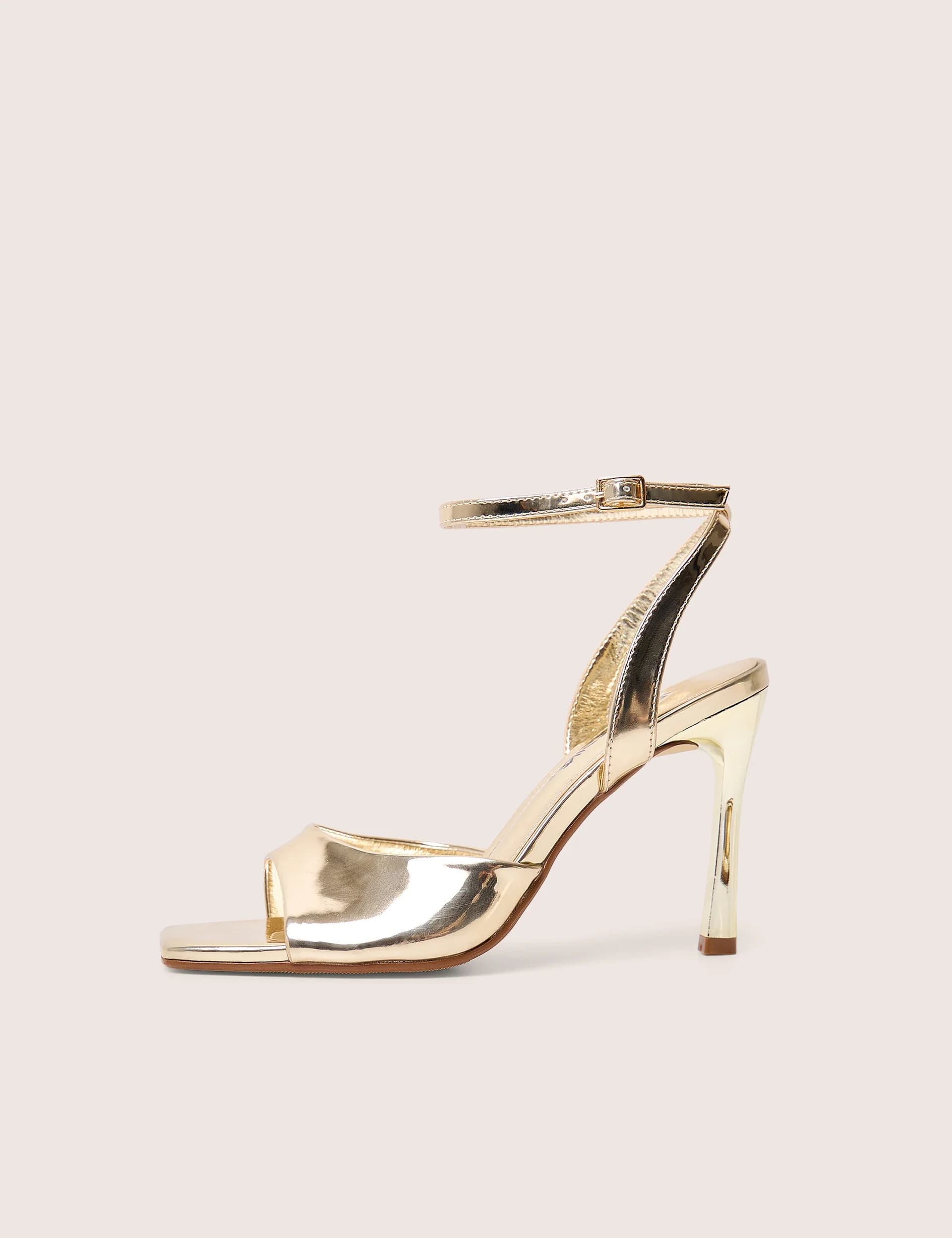 Public Desire June Gold Ankle Strap Peep Toe Heels