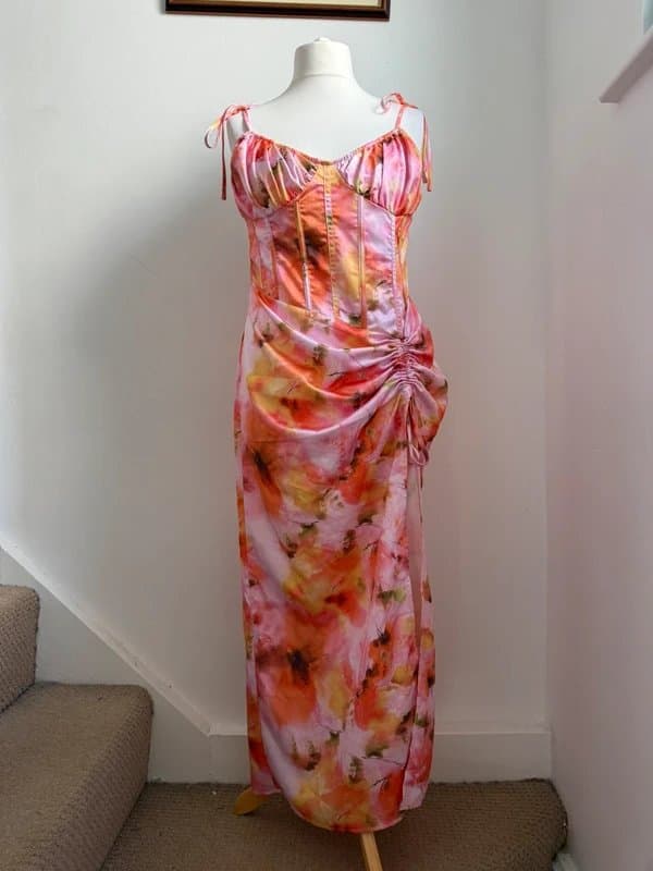 PrettyLittleThing Pink Orange Floral Corset Ruched Maxi Dress - Size UK 16