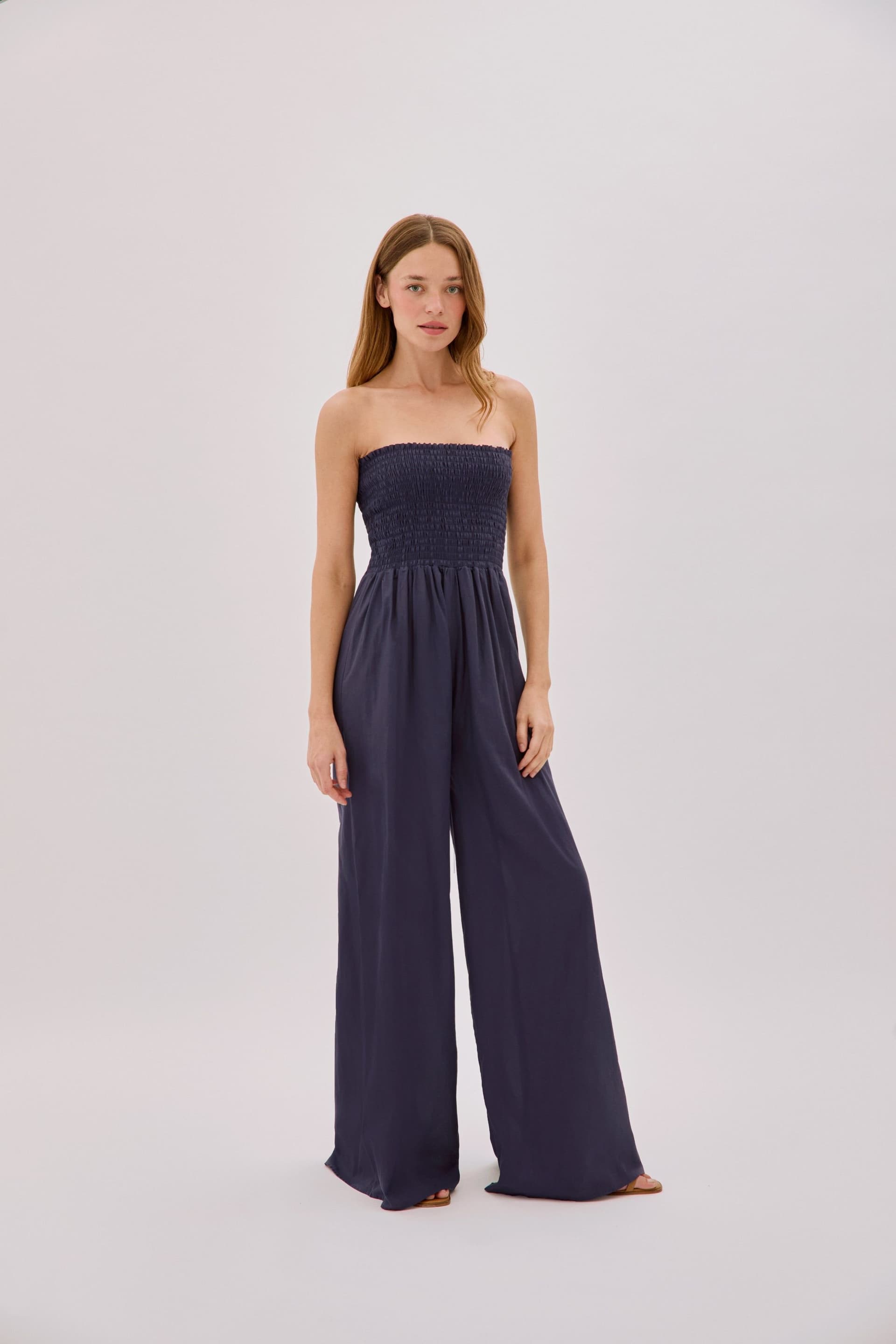 Labeca Labeca Women's Mare Cotton Shirred Jumpsuit in Dark Blue