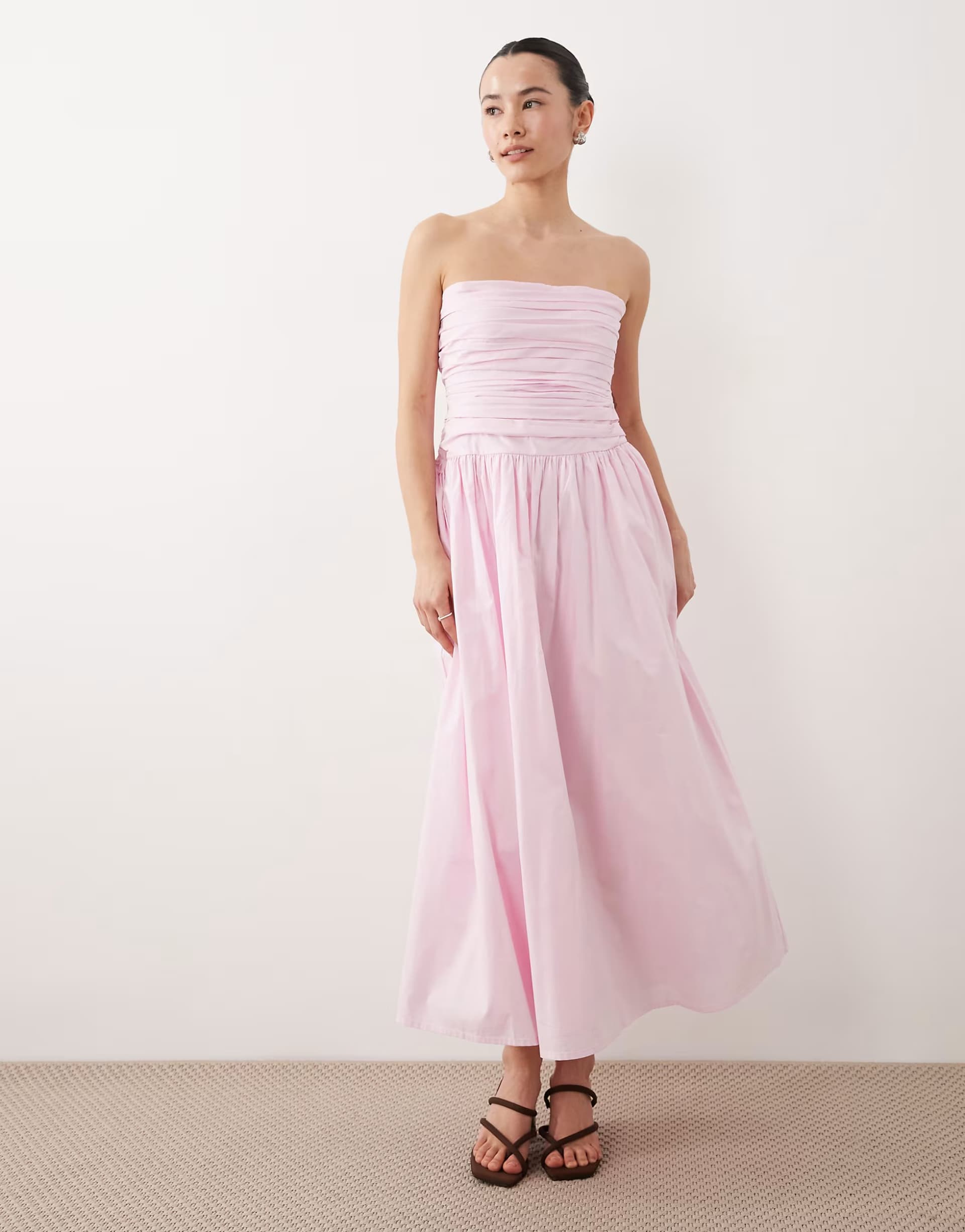 ASOS Nobody's Child Petite Ariella Occasion ruched detail bandeau midi dress in soft pink