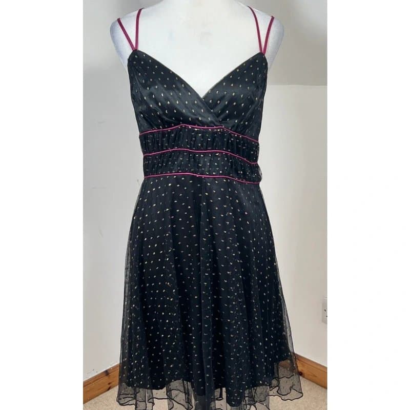 Next Next A-Line Dress Chiffon Black Size 12 Pink Spaghetti Straps Dots Fairycore