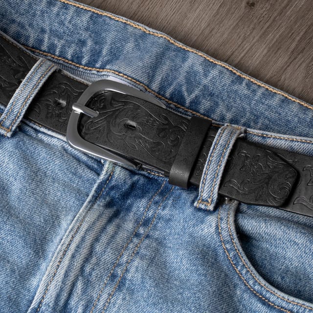Woodland Leathers Woodland Leathers Men's Embossed Leather Lined Belt for men, Western Style 1.25" belt in Black - 2