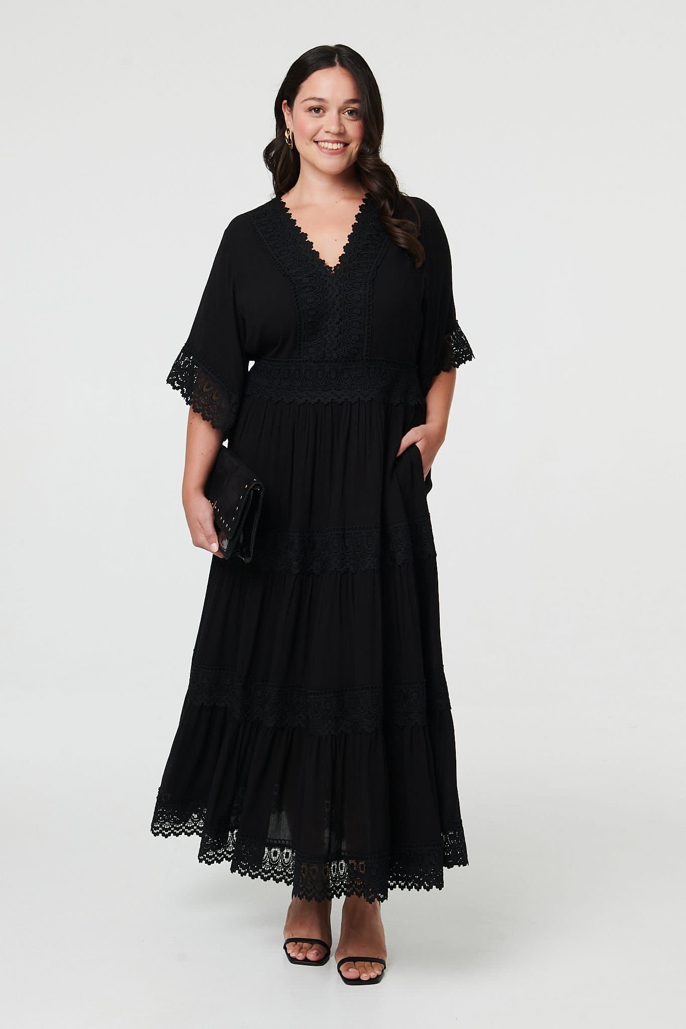 Izabel London Izabel London Women's Curve Tiered Lace Trim Maxi Dress in Black