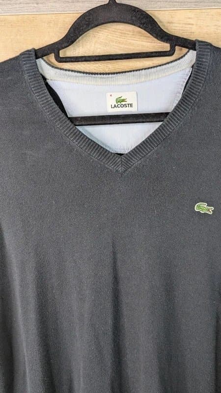 Lacoste Vintage Lacoste Jumper Mens Size FR 4 Medium Black V Neck Fine Knit Cotton Croc