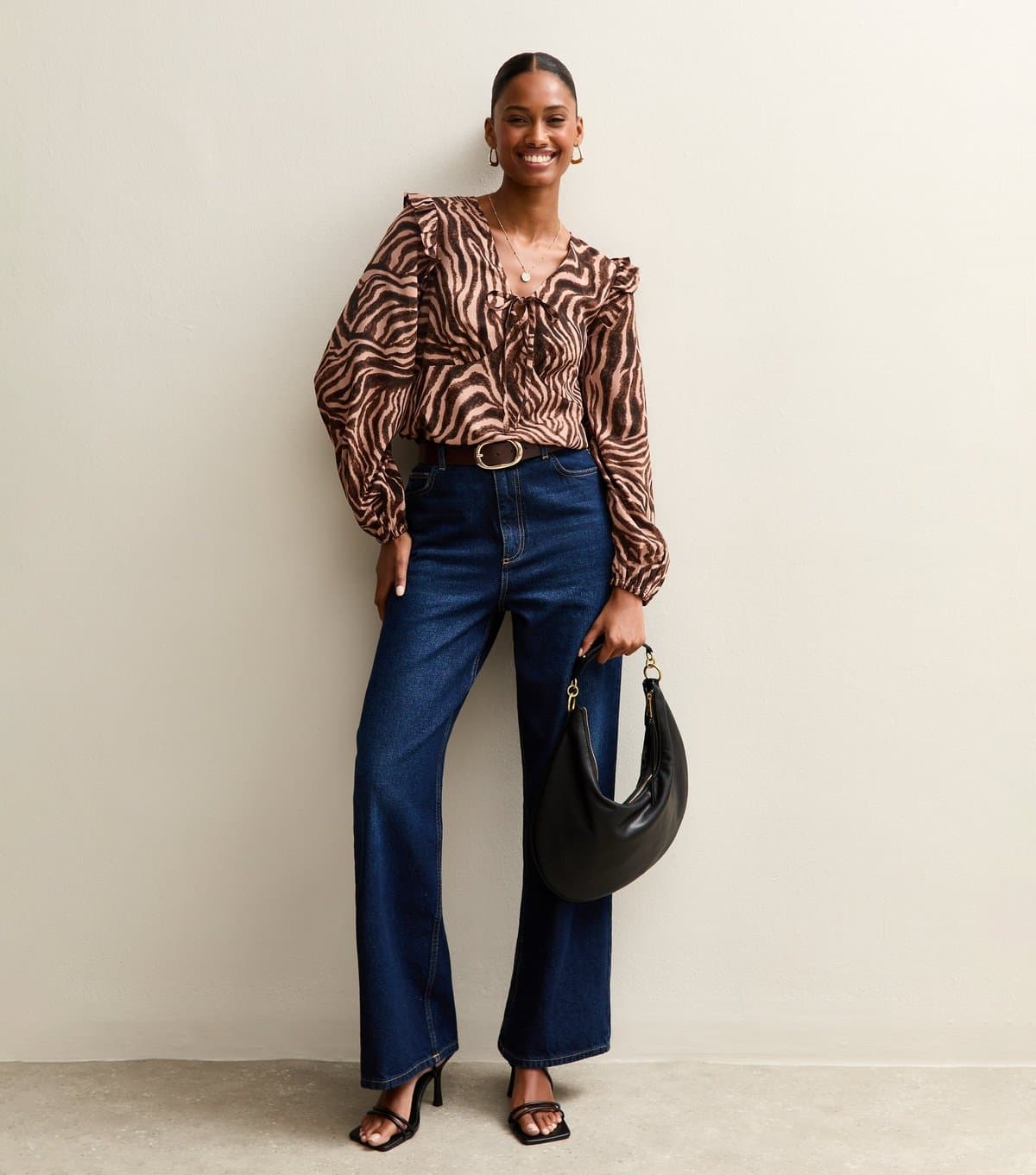 New Look Women's Brown Zebra Print Ruffle Blouse New Look