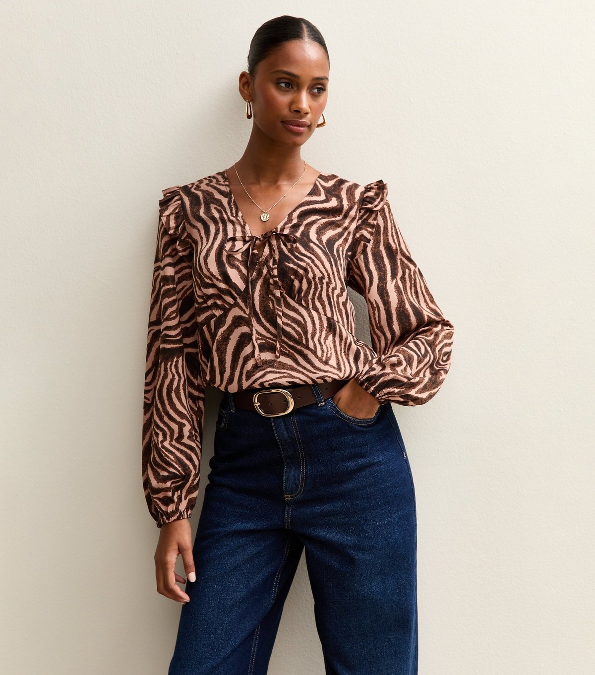 New Look Women's Brown Zebra Print Ruffle Blouse New Look - 2