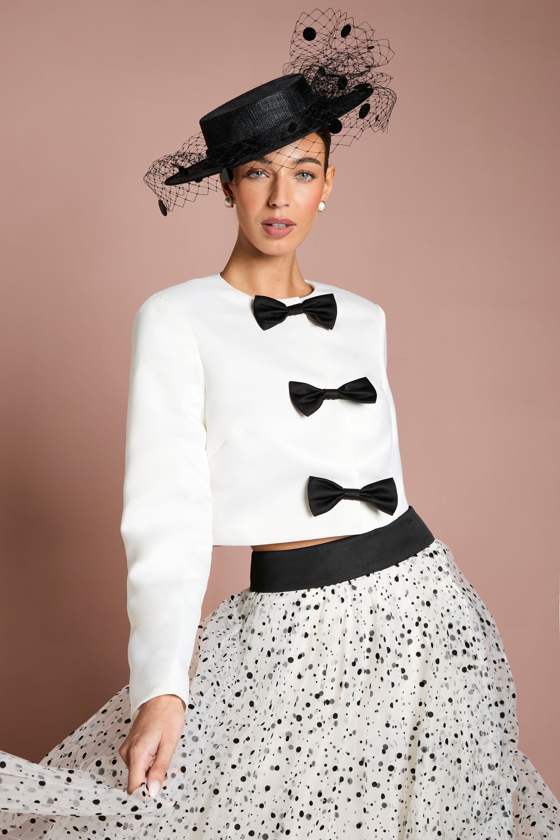 Coast Coast Women's Lisa Tan Structured Satin Bow Front Jacket in Mono