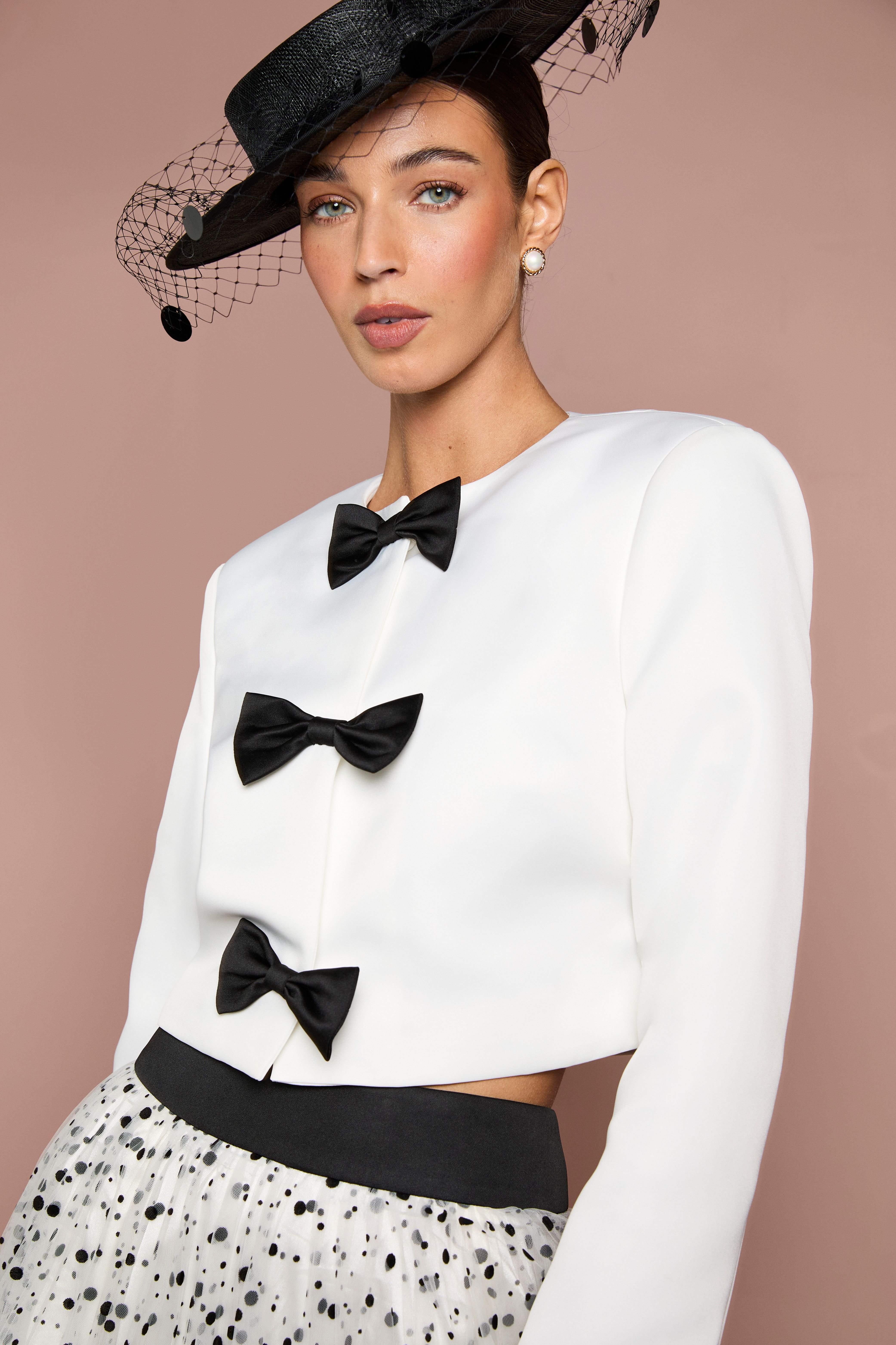 Coast Coast Women's Lisa Tan Structured Satin Bow Front Jacket in Mono - 4