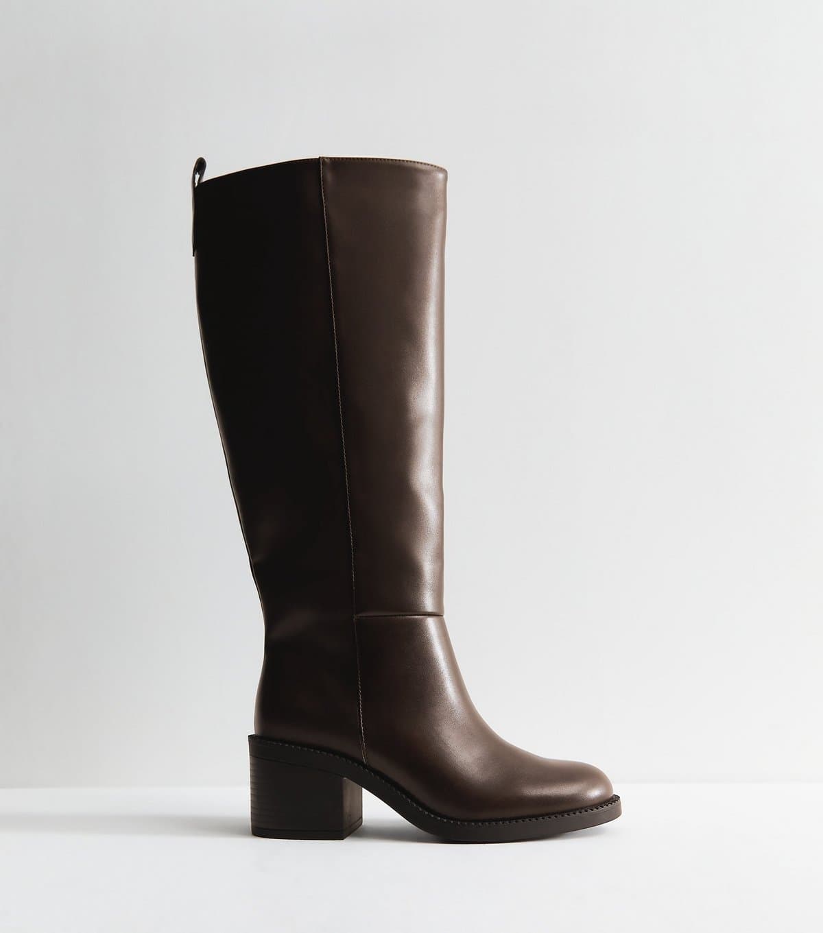 New Look Women's Dark Brown Faux Leather Stacked Heel Tall Boots Vegan New Look