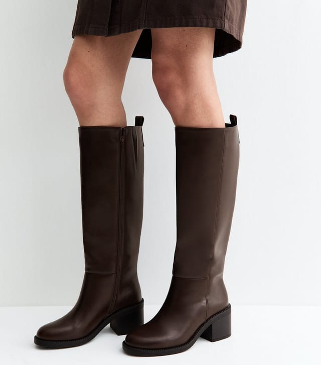 New Look Women's Dark Brown Faux Leather Stacked Heel Tall Boots Vegan New Look - 2