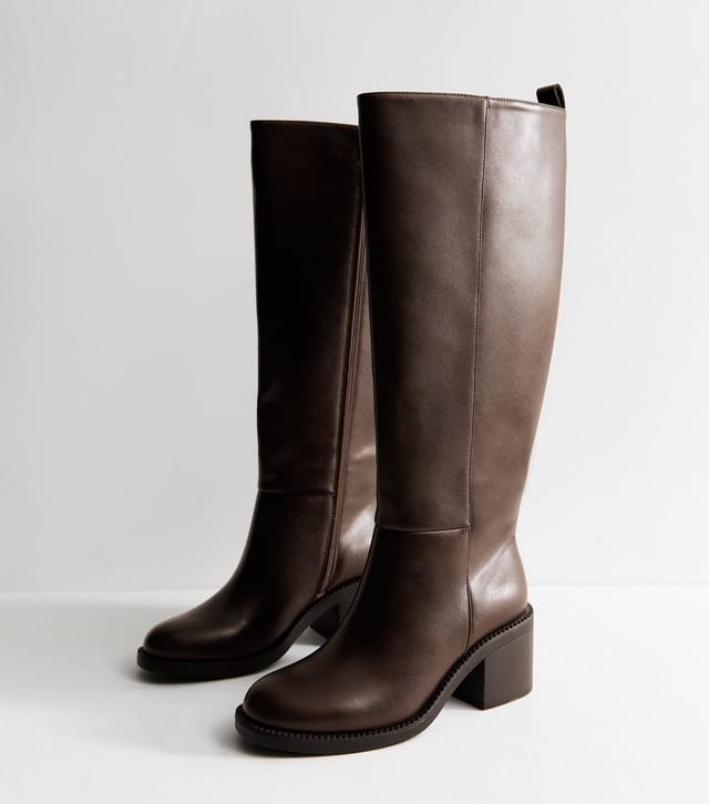 New Look Women's Dark Brown Faux Leather Stacked Heel Tall Boots Vegan New Look - 3