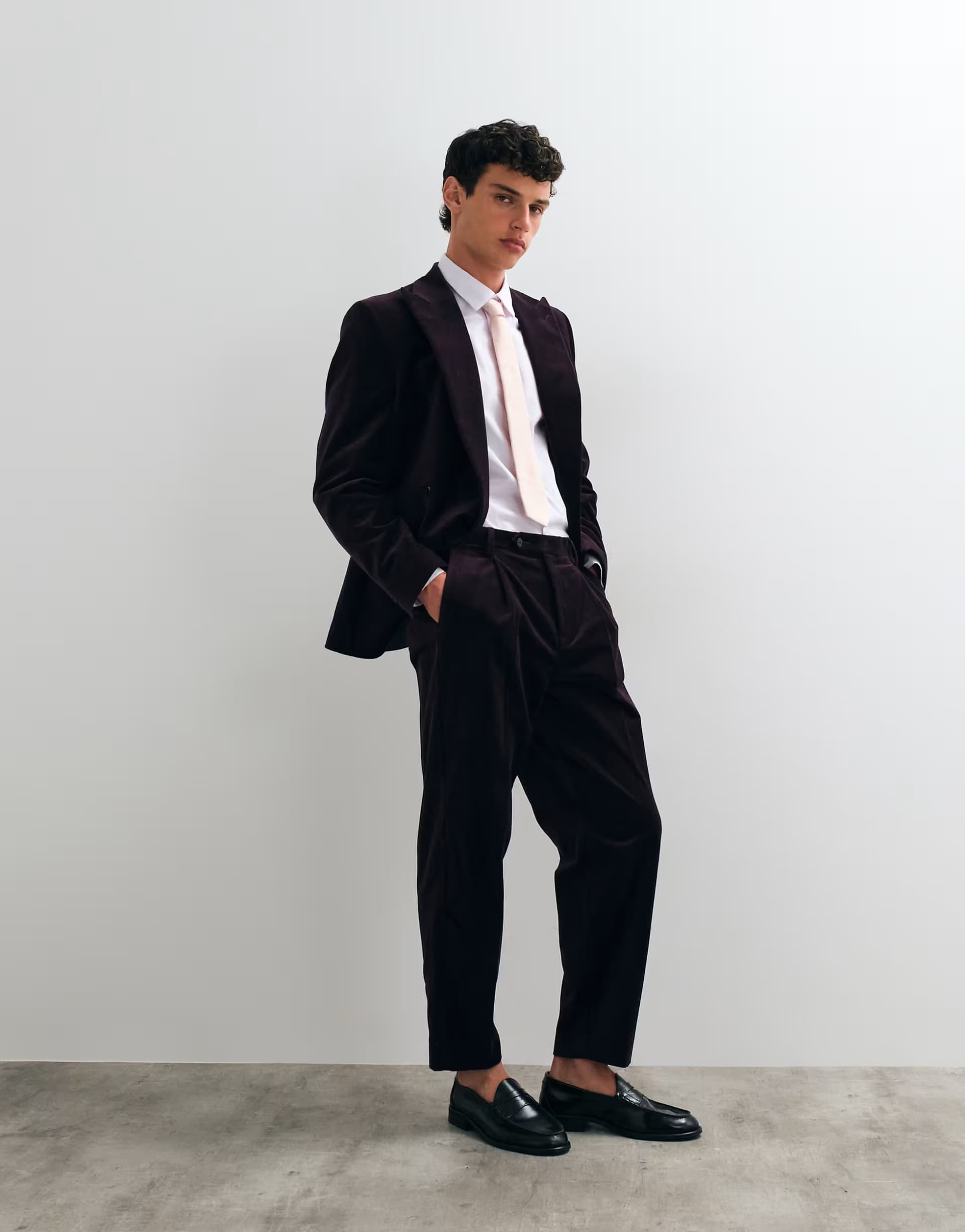 ASOS ASOS DESIGN relaxed tapered pleat front suit trousers in dark purple cotton velvet