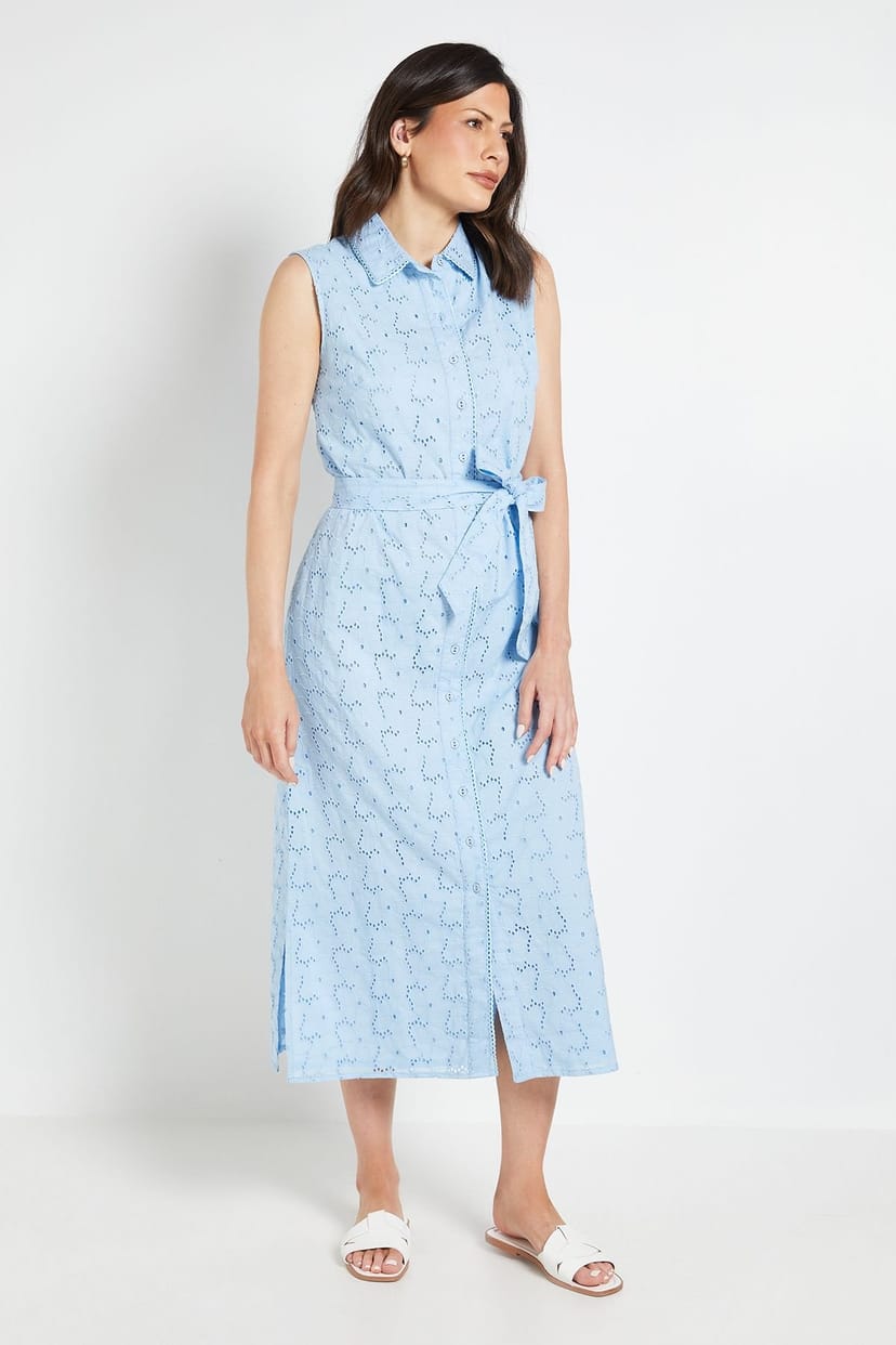 Wallis Wallis Women's Summer Broderie Sleeveless Shirt Dress in Blue - 1