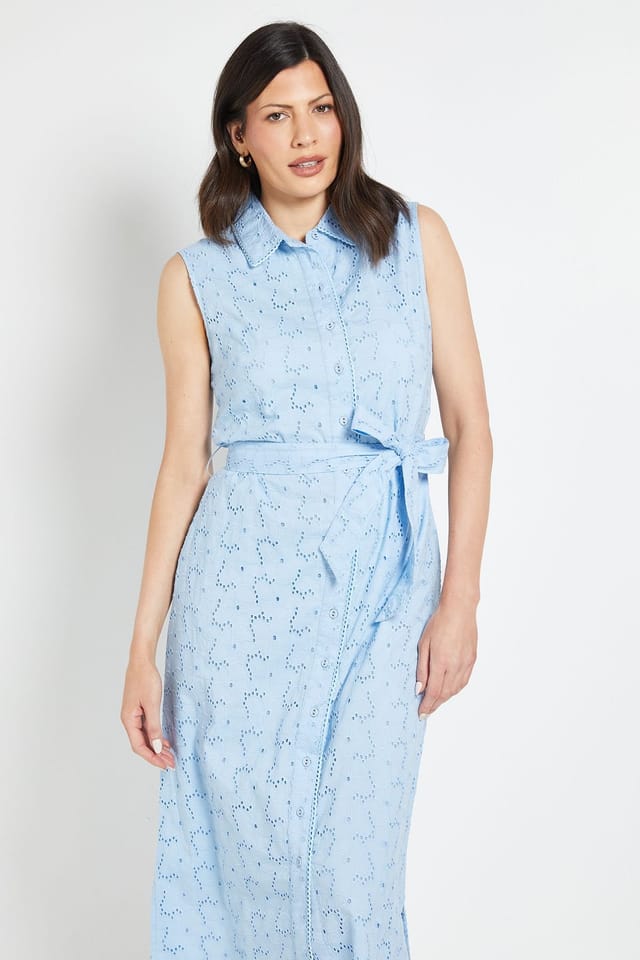 Wallis Wallis Women's Summer Broderie Sleeveless Shirt Dress in Blue - 2