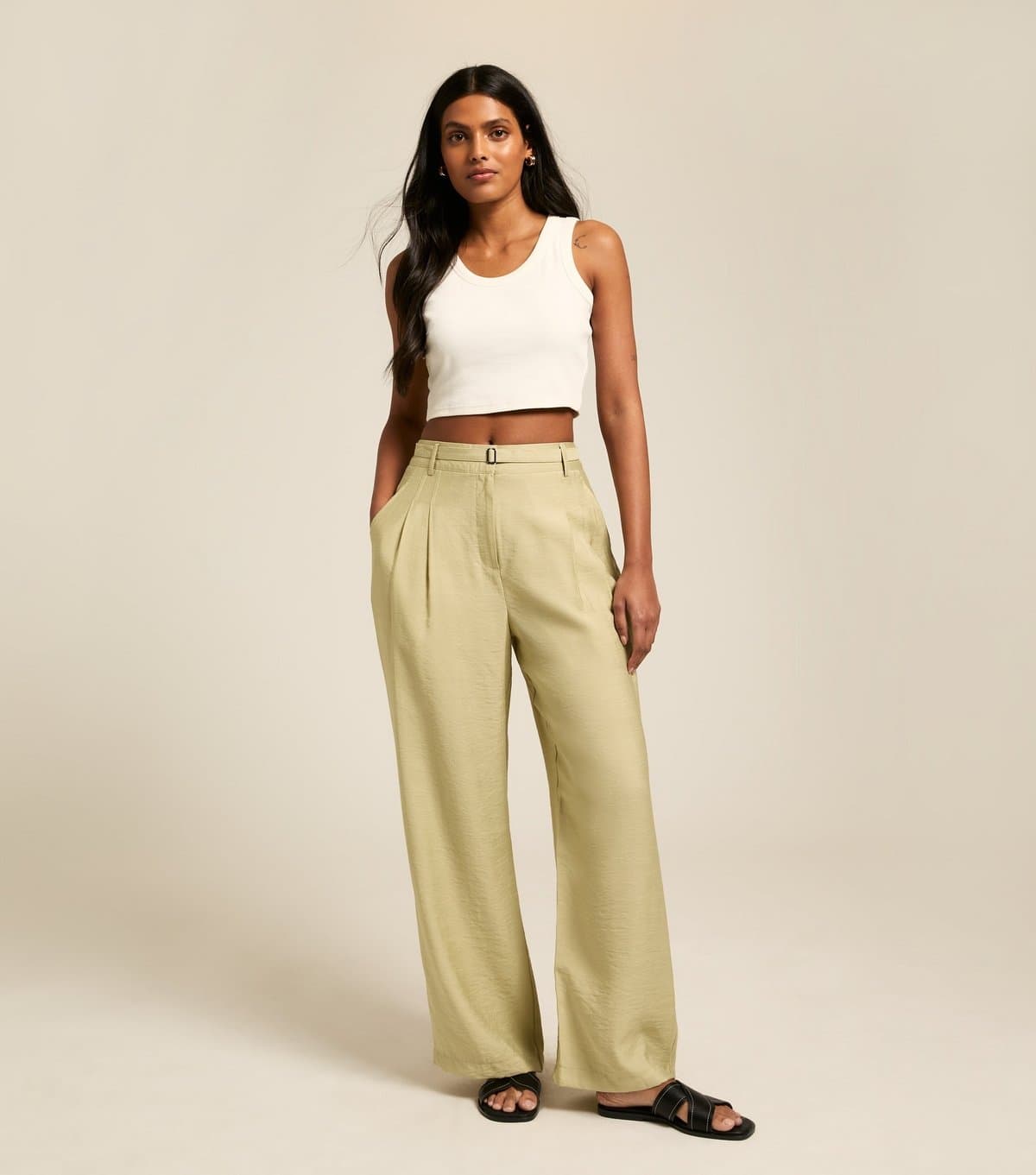 New Look New Look Light Khaki Wide Leg Pleated Trousers