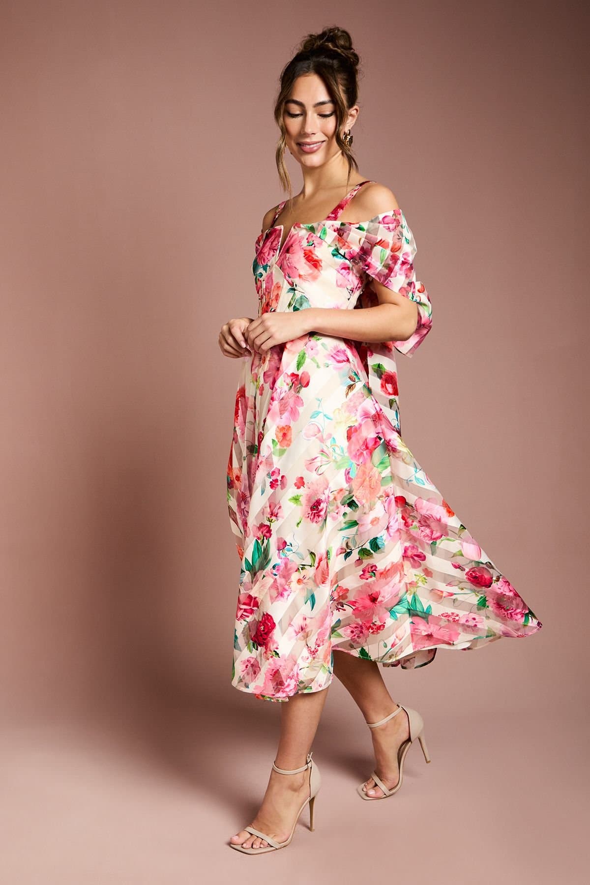 Coast Coast Women's Printed Organza Bardot Midi Dress in Cream