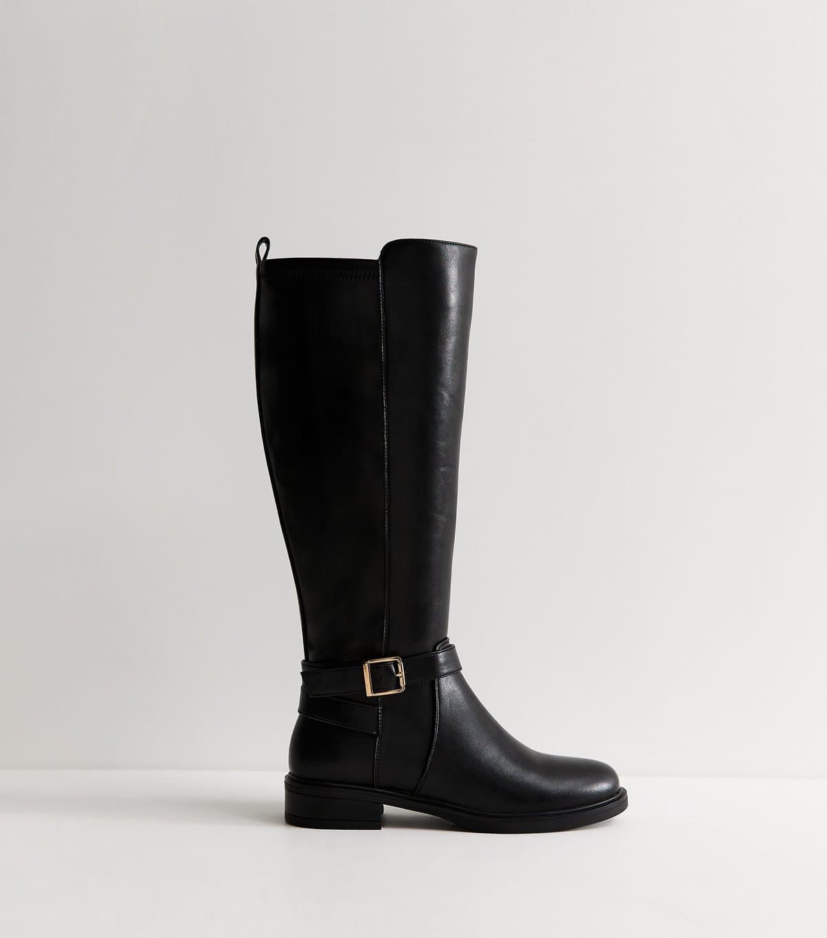 New Look Women's Wide Fit Black Faux Leather 31 Stretch Riding Boots Vegan New Look