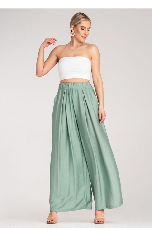 Love Lace Love Lace Women's Pleated High Waist Wide Leg Trousers in Green - 2