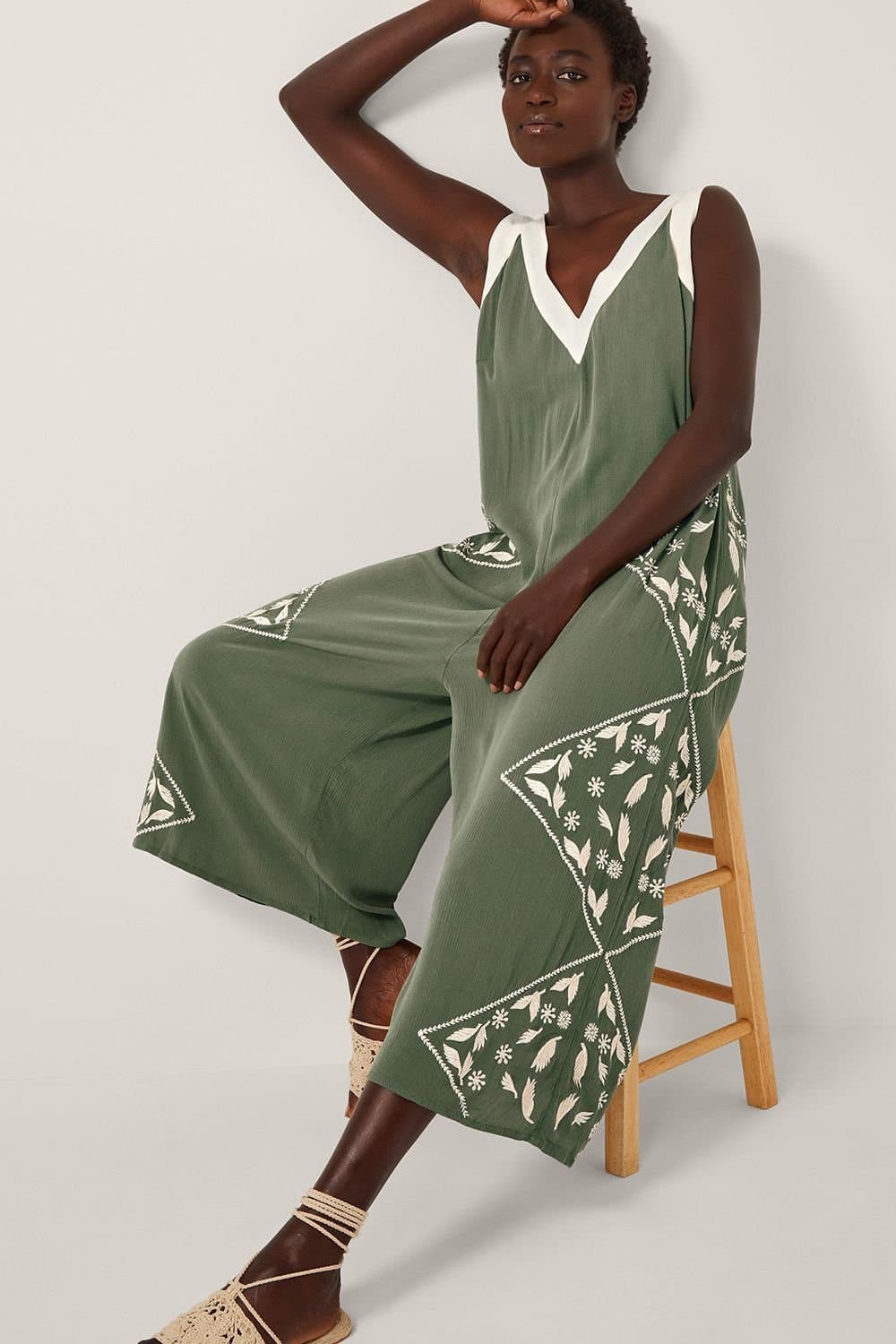 Monsoon Monsoon Women's Rhea Embroidered Culotte Romper Green