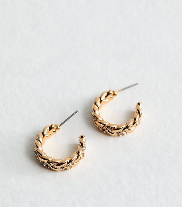 New Look Gold Tone Diamante Embellished Plaited Mini Hoop Earrings New Look - 3