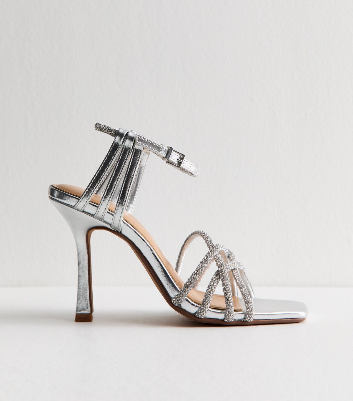 New Look Women's Silver Faux Leather Diamantè Embellished Multi Strap Stiletto Sandals New Look - 2