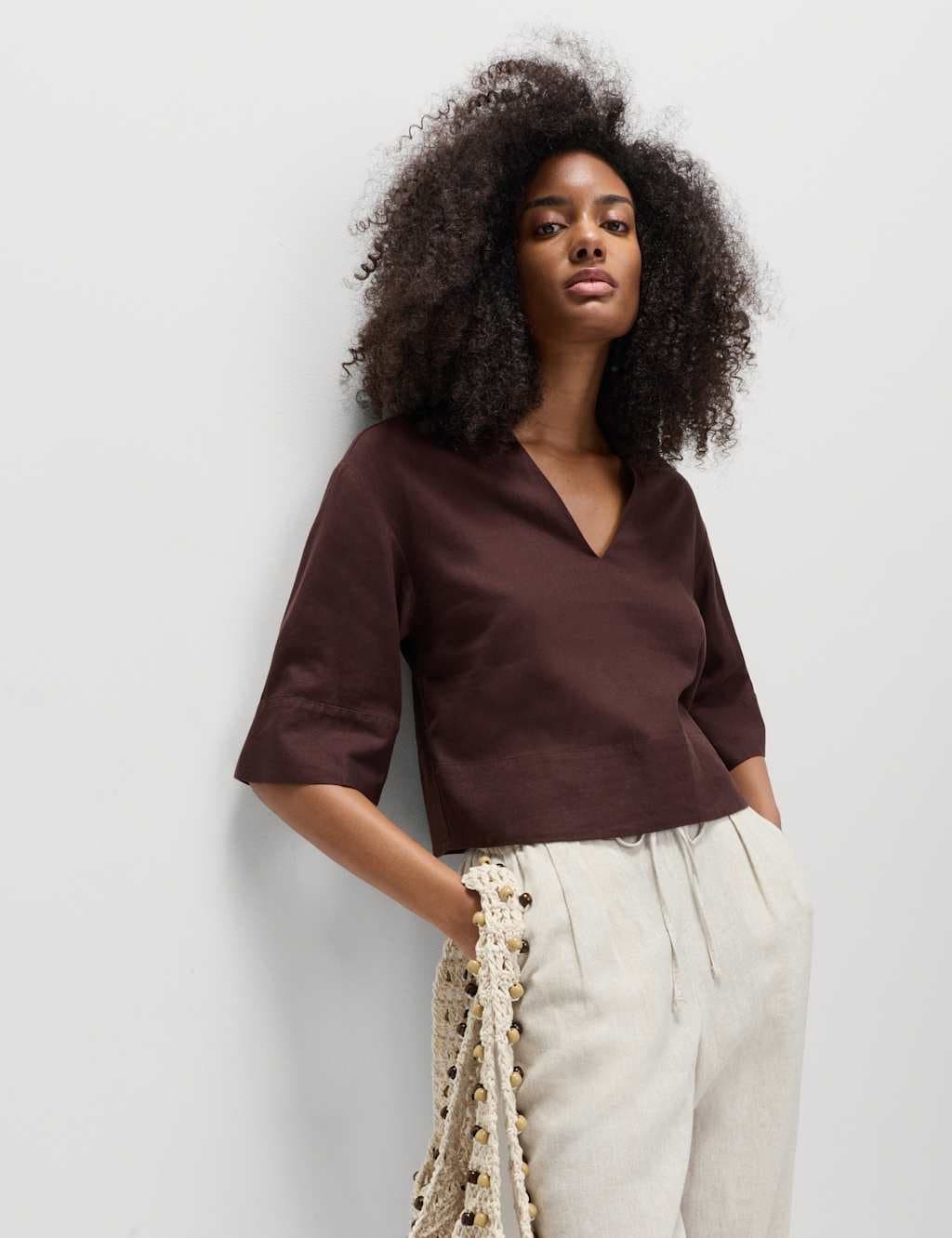Marks & Spencer M&S Linen Rich Collared Crop Top Peat