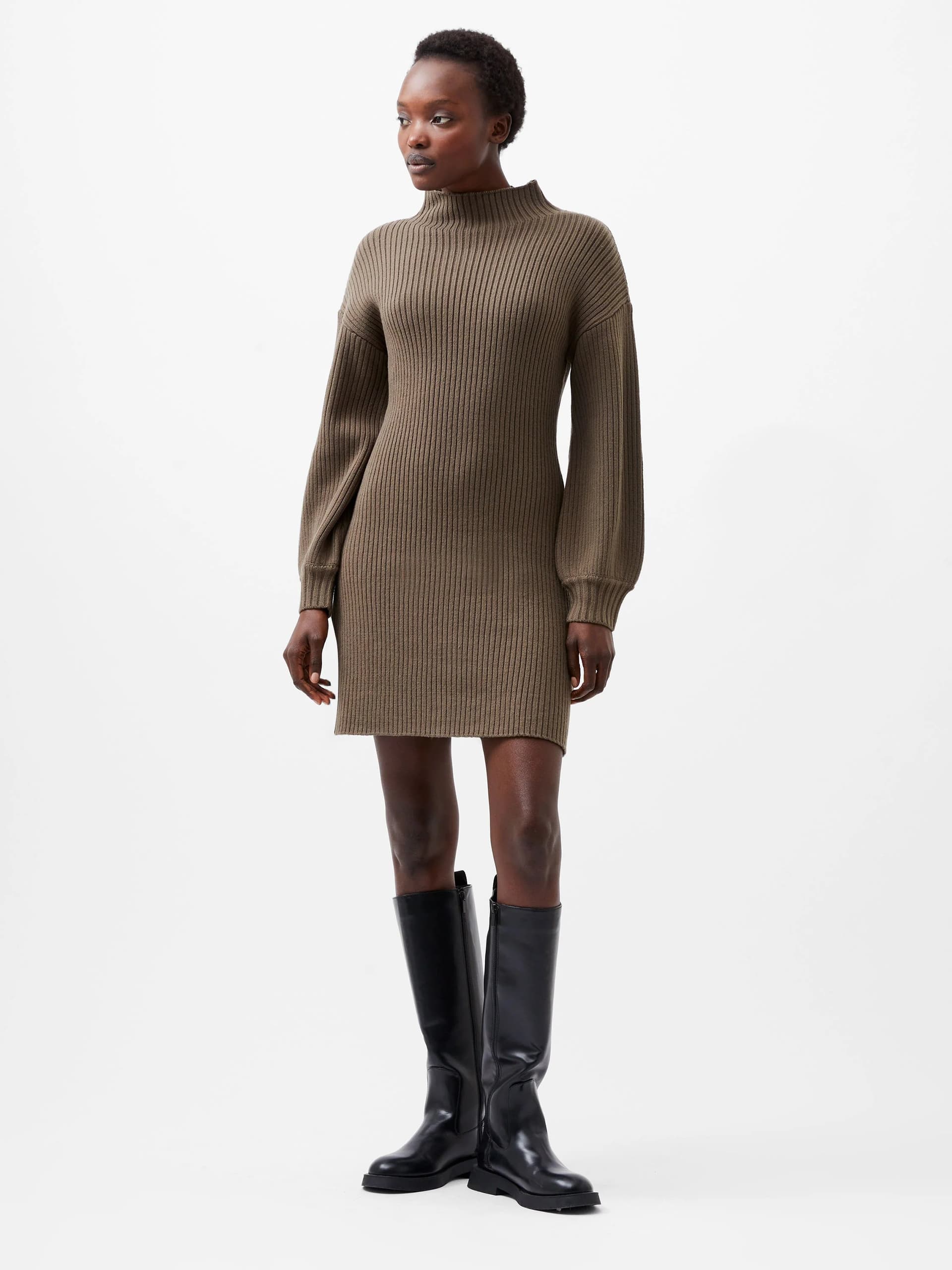 French Connection Babysoft Bishop Sleeve Knitted Dress Tarmac Khaki Green