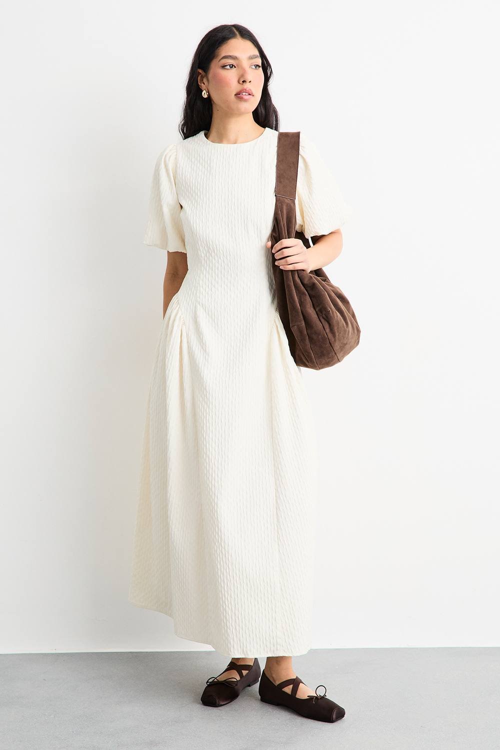 Warehouse Warehouse Women's Textured Godet Side Puff Sleeve Midi Dress in Cream - 2