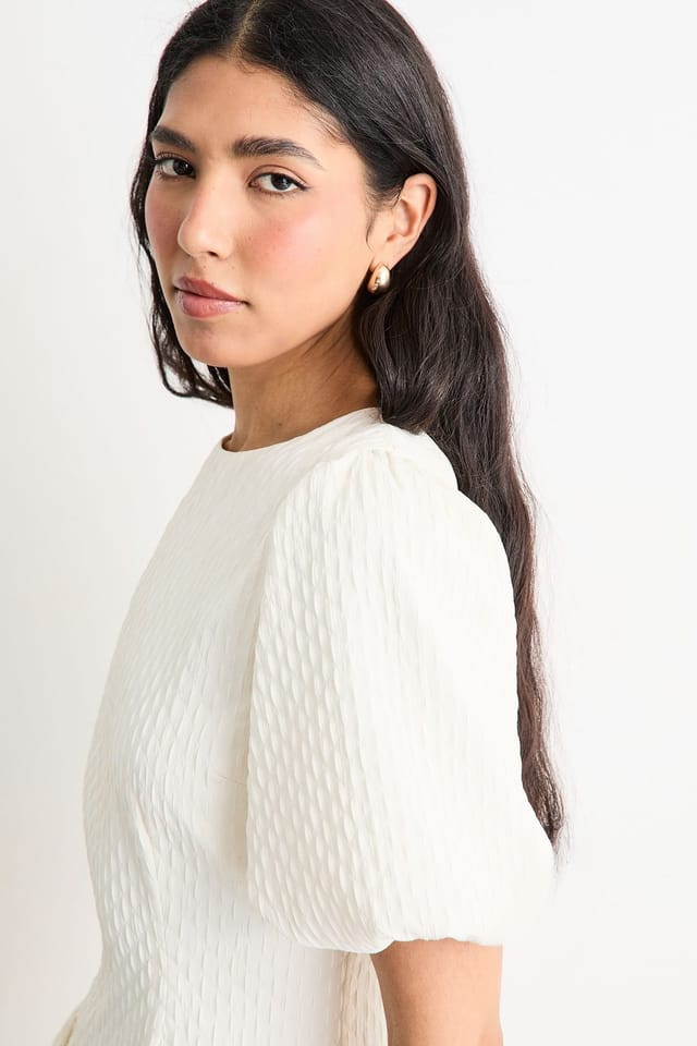 Warehouse Warehouse Women's Textured Godet Side Puff Sleeve Midi Dress in Cream - 2