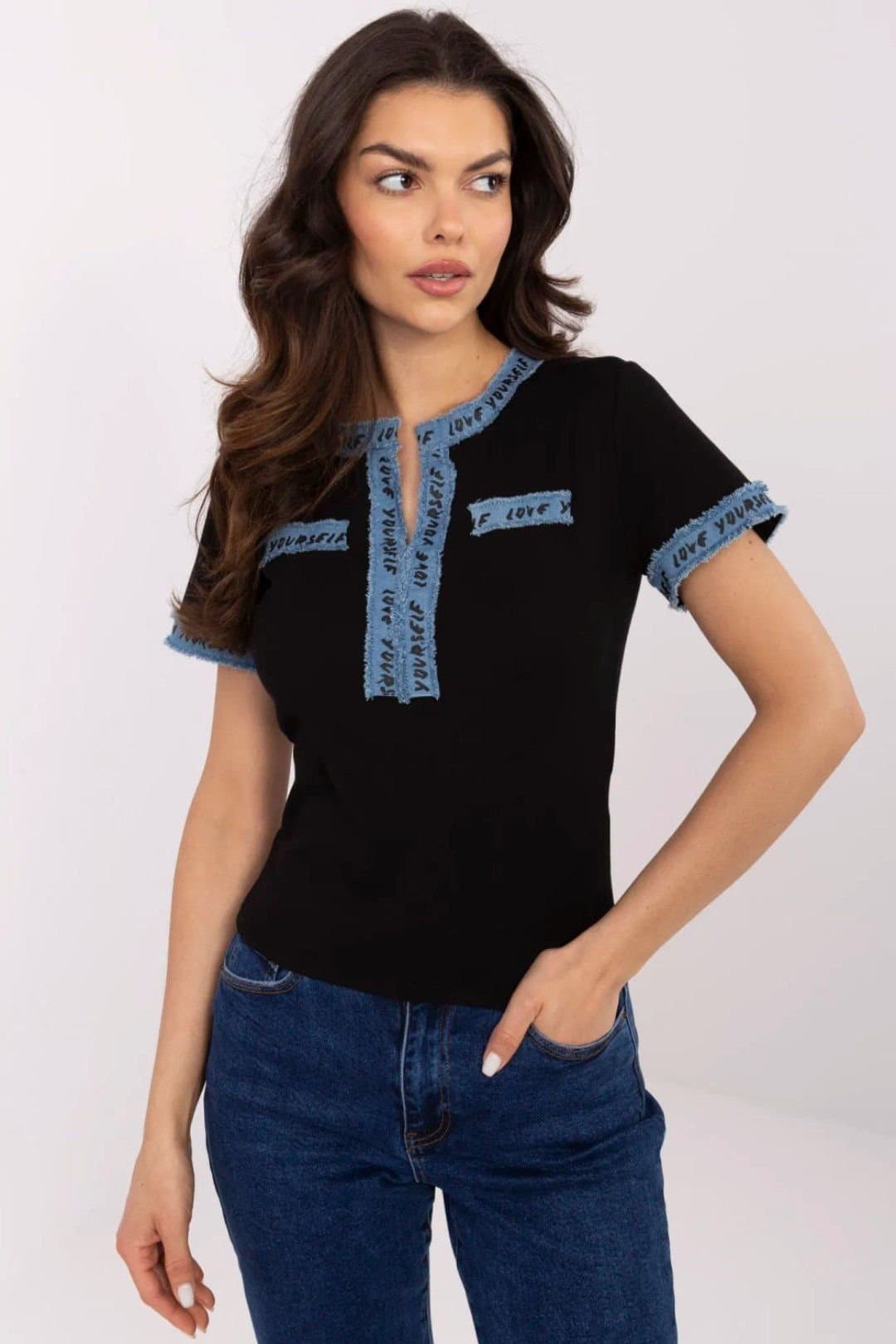 Love Lace Love Lace Women's Fitted Cotton Elastane V Neck Denim Blouse in Black