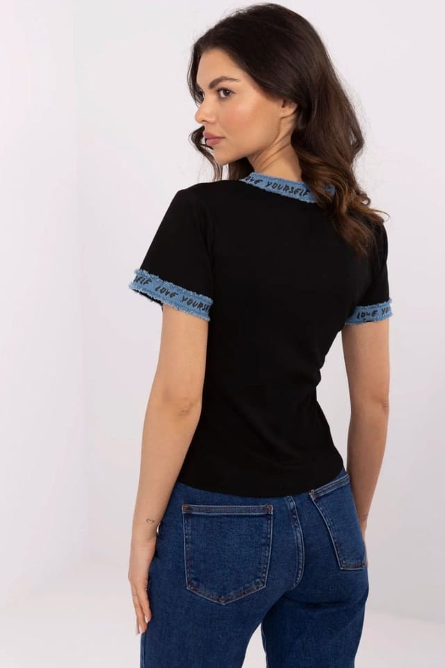Love Lace Love Lace Women's Fitted Cotton Elastane V Neck Denim Blouse in Black - 3