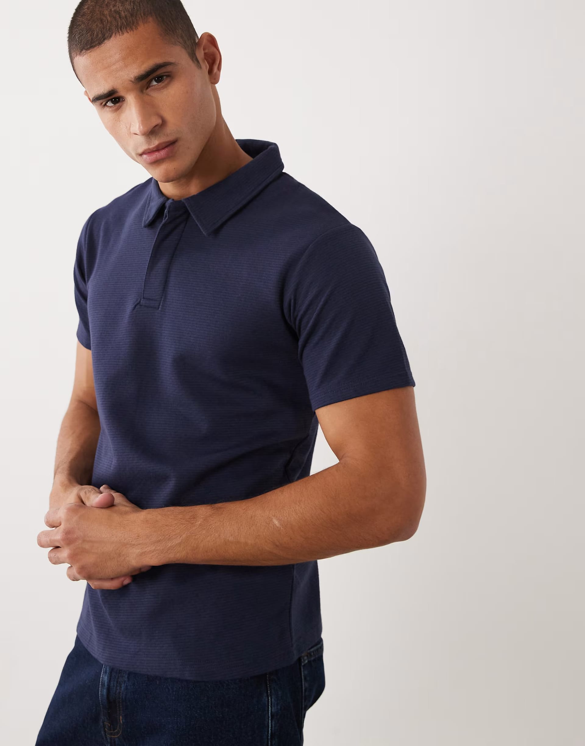 ASOS Navy Textured Short Sleeve Polo Top