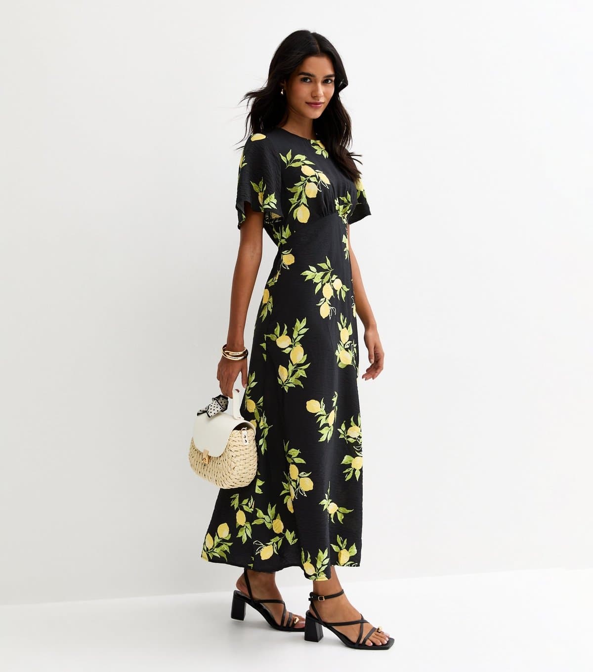 New Look Women's Black Lemon Print Flutter Sleeve Midi Dress New Look