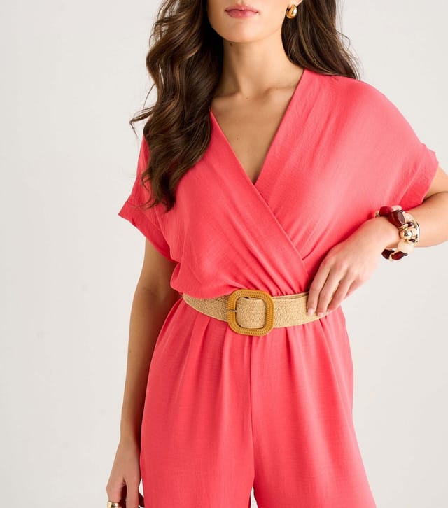 Gini London Women's Light Coral Belted Short Sleeve Jumpsuit Gini London New Look - 2