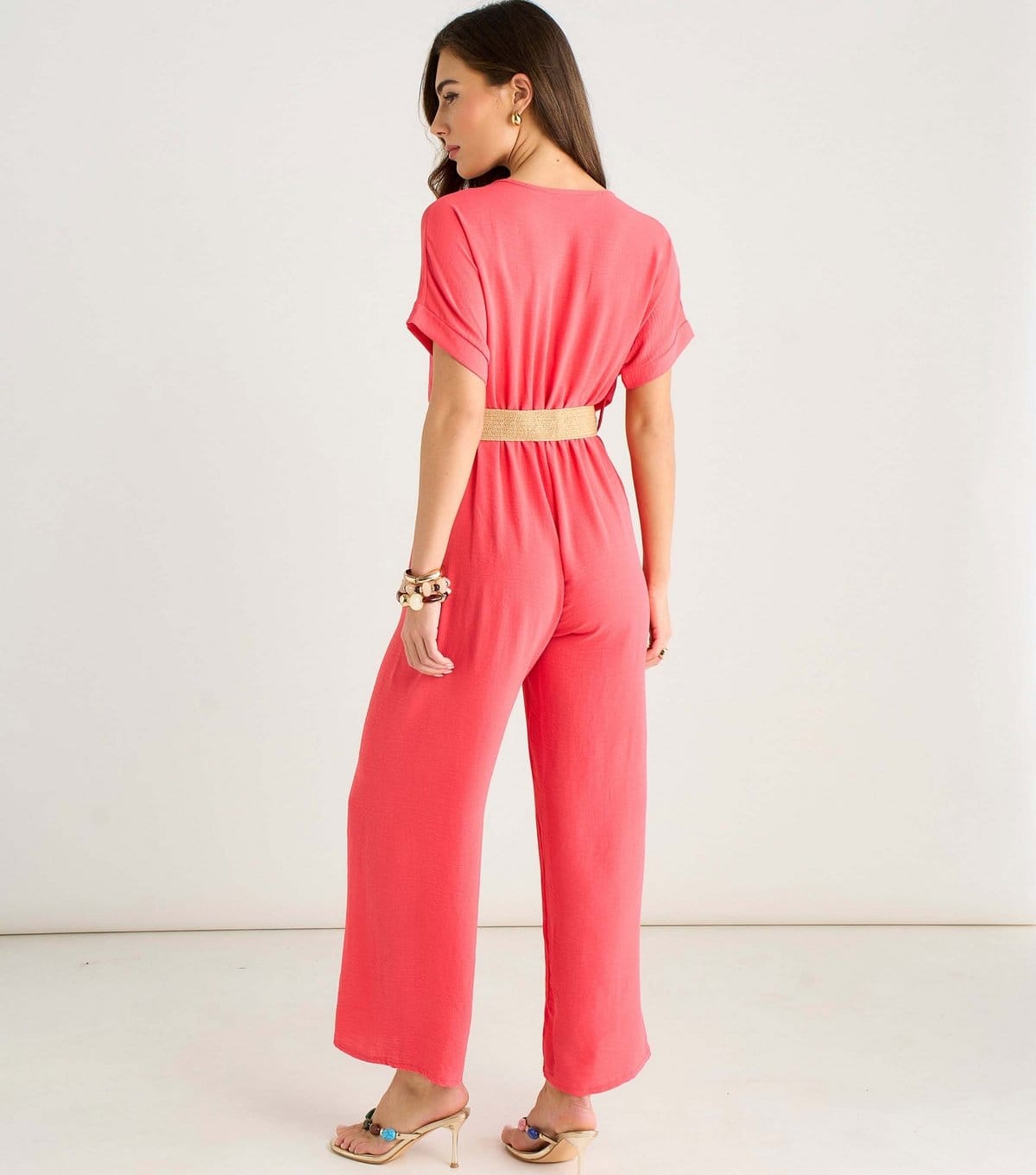 Gini London Women's Light Coral Belted Short Sleeve Jumpsuit Gini London New Look - 4