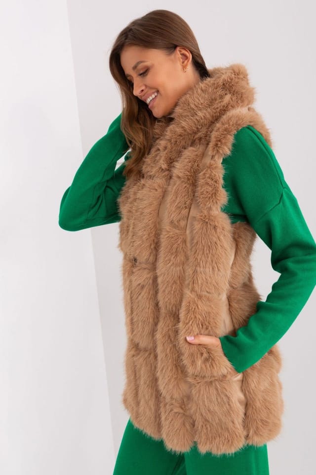 Love Lace Love Lace Women's Hooded Faux Fur Zip Vest with Pockets in Brown - 2