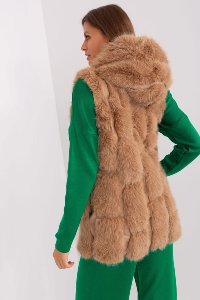 Love Lace Love Lace Women's Hooded Faux Fur Zip Vest with Pockets in Brown - 3